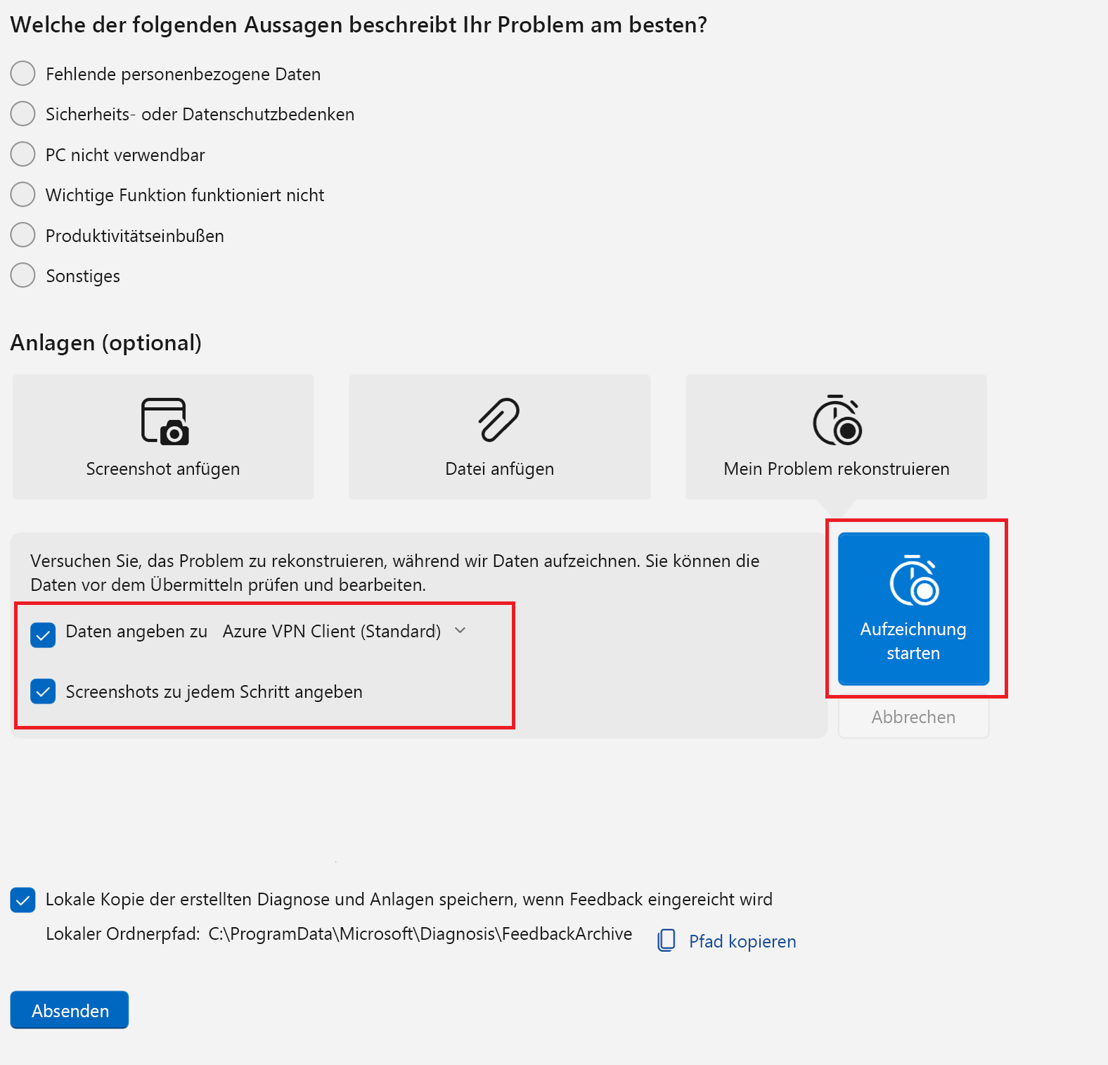 Screenshot zeigt den Start der Aufzeichnung im Azure VPN Client.