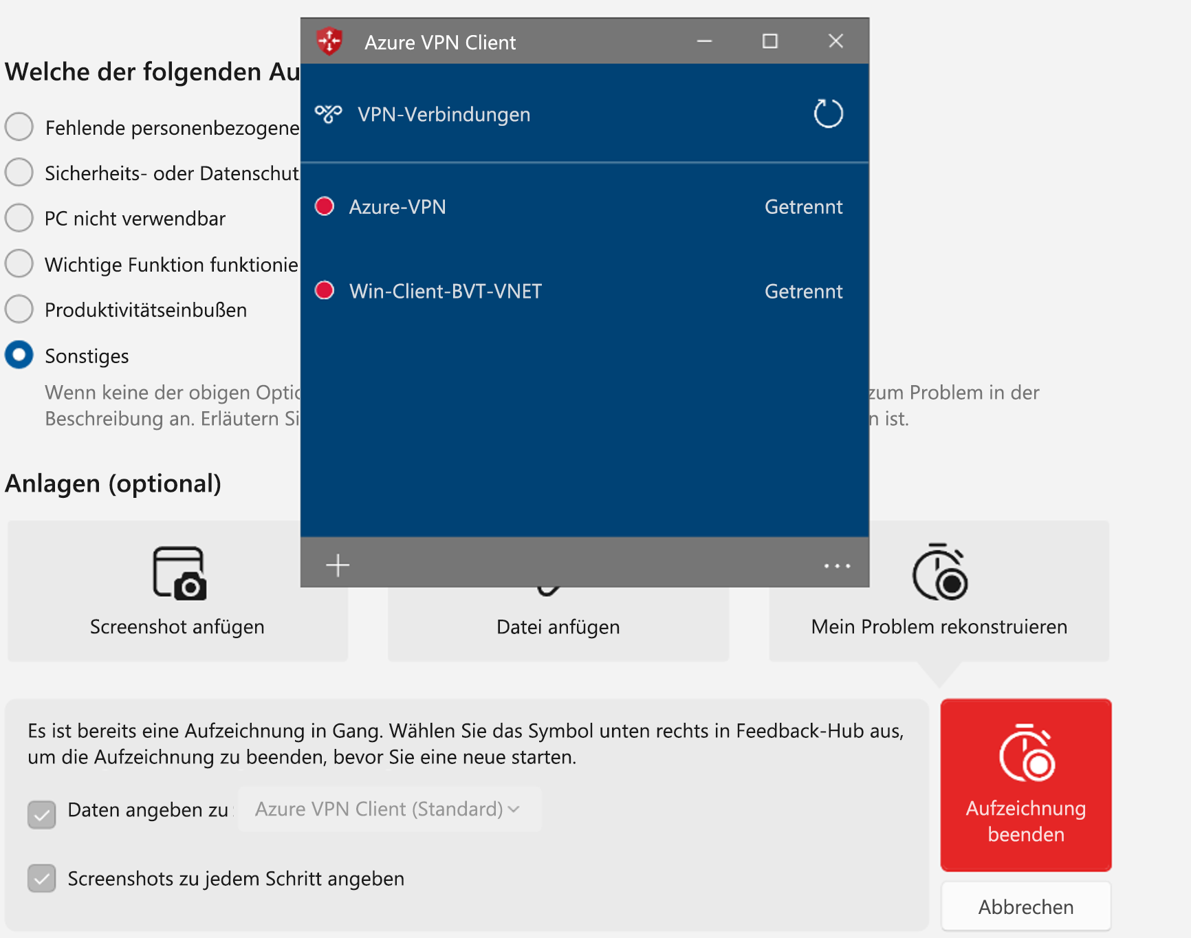 Screenshot der Aufzeichnung im Azure VPN Client.