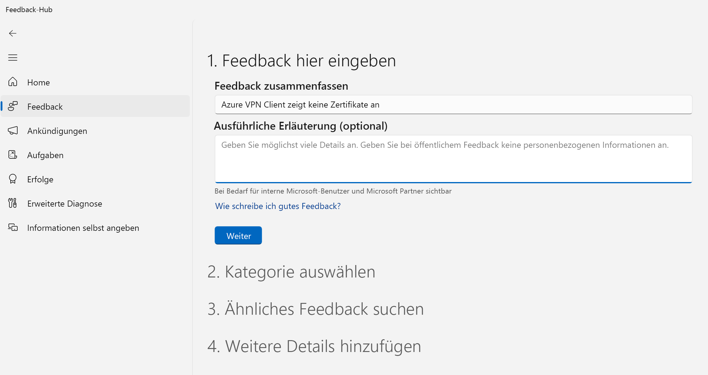 Screenshot zeigt die Felder „Geben Sie Ihr Feedback ein“.