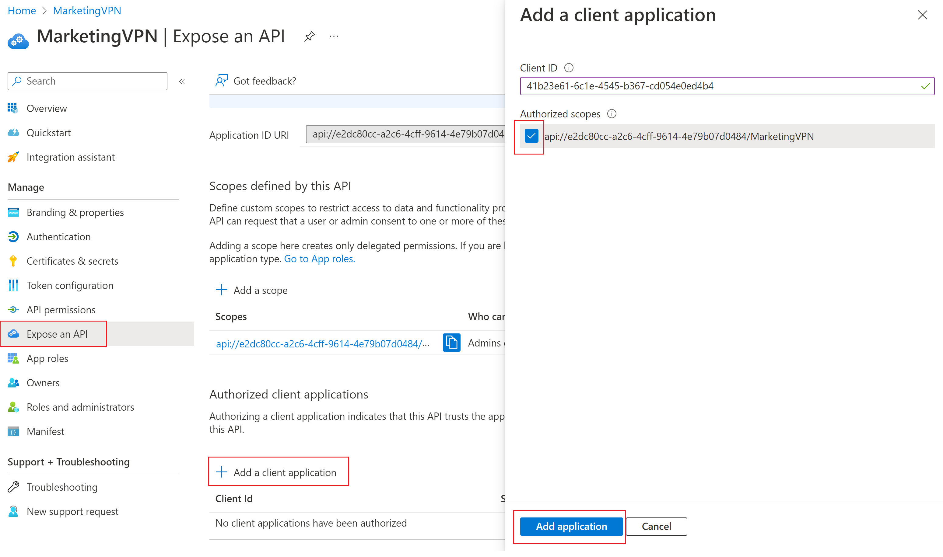 Screenshot of Microsoft Entra ID add client application page.
