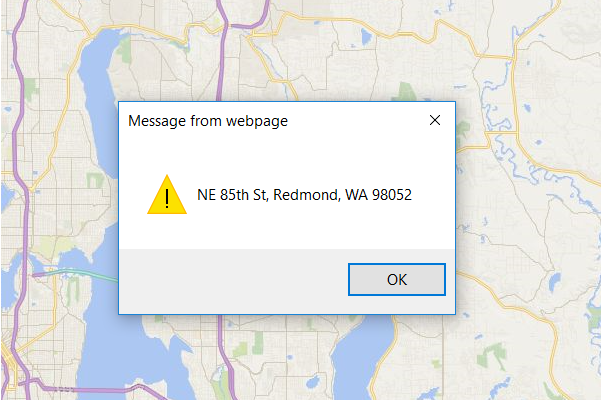 Screenshot of the Bing Map showing a message dialog box giving the physical address of the location in Redmond, Washington.