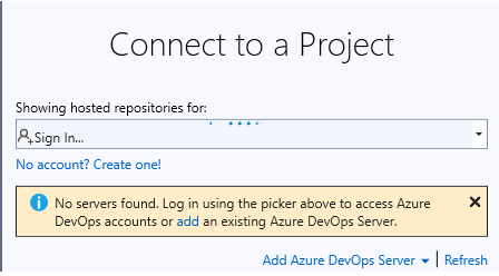 Wählen Sie in Ihrem BizTalk Server-Projekt verbinden aus, um eine Verbindung mit Ihrem Azure DevOps-Projekt herzustellen.