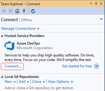 Wechseln Sie zu Team Explorer, und stellen Sie in Ihrem BizTalk Server-Projekt eine Verbindung mit Azure DevOps her.