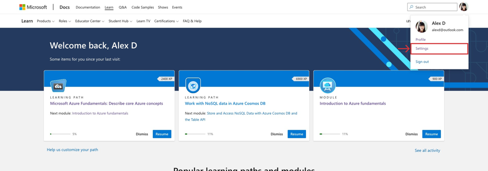 Microsoft Learn-Webseite mit dem Dropdownmenü für den Fotoavater des Learn-Profils und hervorgehobener Auswahl unter „Einstellungen“