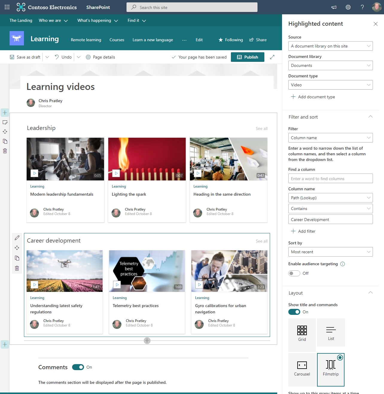 SharePoint page with two highlighted content web parts displaying on the page, one for "Leadership" and one for "Career development." The highlighted content web part configuration pane is open showing an example of the steps above.