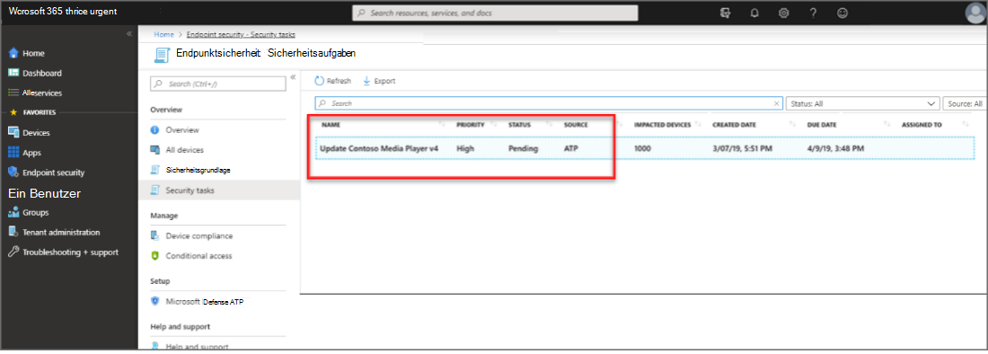 wurde Sicherheitsaufgabe, die in Intune für die Wartungsanforderung erstellt wurde