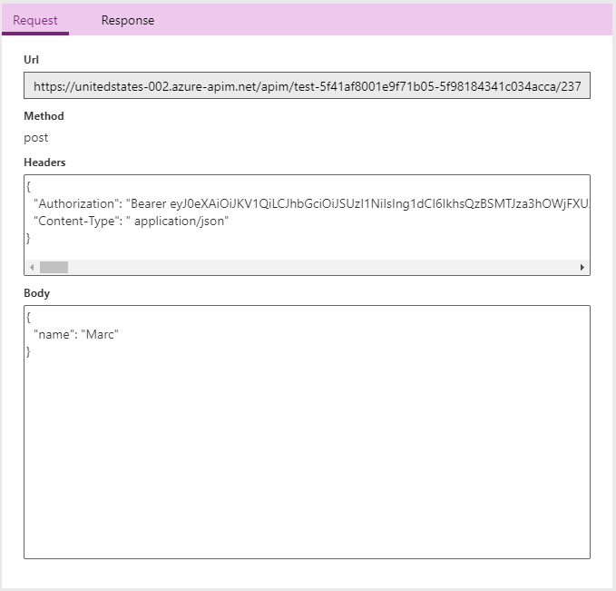 Screenshot, der die Anforderungsfelder für URL, Methode, Header und Body zeigt.