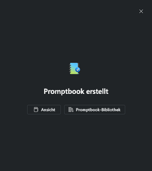 Screenshot der Erfolgsmeldung nach Erstellung eines Promptbooks