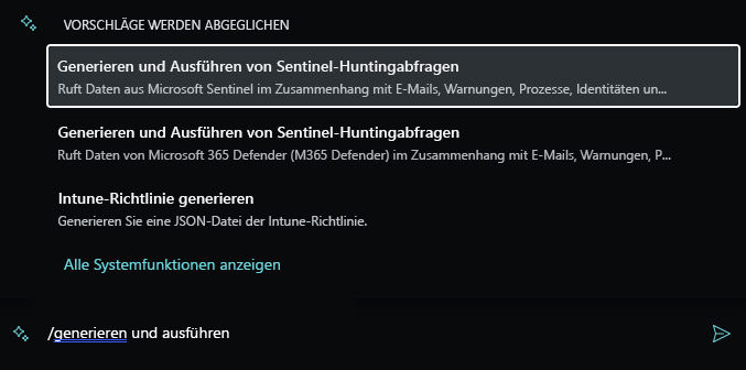 Screenshot: Vorgeschlagene Aufforderung für Microsoft Sentinel-Huntingabfragen.