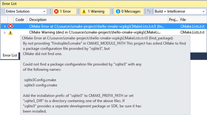 Screenshot eines CMake-Fehlers in der Visual Studio Fehlerliste.