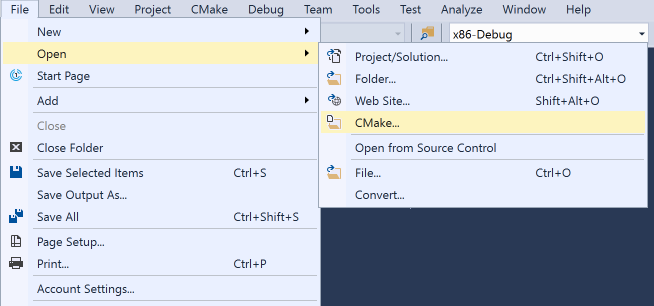 Screenshot des Visual Studio-Hauptmenüs „Datei > Öffnen > CMake“ ist ausgewählt.