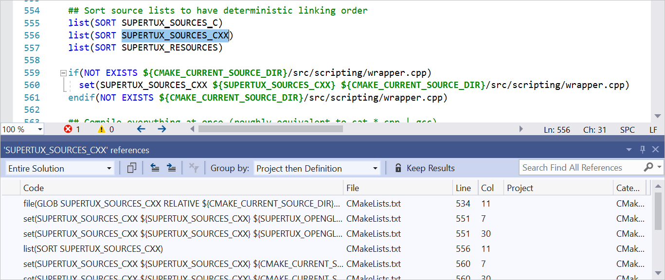 Screenshot des Fensters „Alle Verweise suchen“ in Visual Studio.