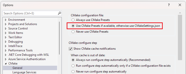 Screenshot der Visual Studio-Projektoptionen. Cmake > General ist ausgewählt.