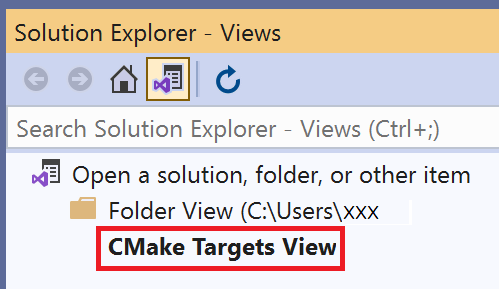 Screenshot des Fensters „Projektmappen-Explorer – Ansichten“. Die Ordneransicht ist geöffnet. Die Option „CMake Zielansicht“ ist hervorgehoben.