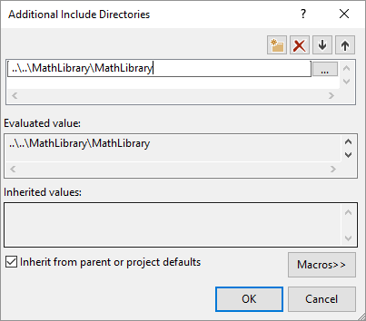 Screenshot of the Additional Include Directories dialog showing the relative path to the MathLibrary directory.