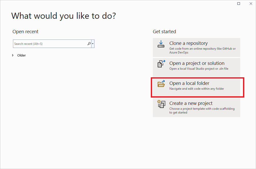 Screenshot des ersten Dialogfelds, das beim Starten von Visual Studio geöffnet wird.