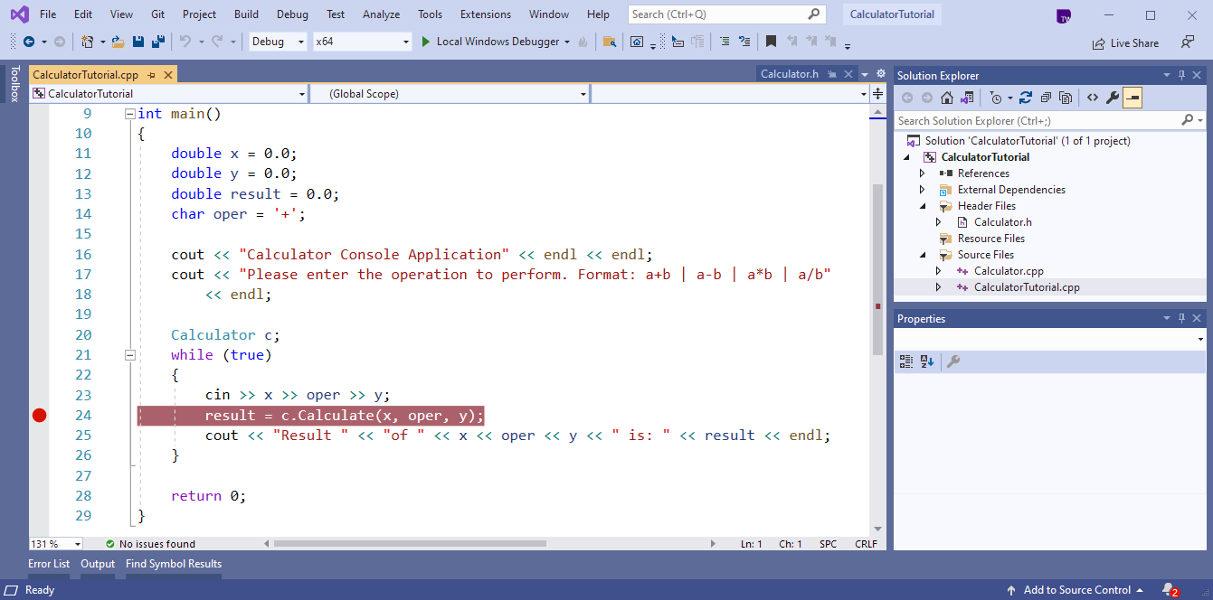 Screenshot des Visual Studio-Editors. Ein roter Punkt, der einen Haltepunkt darstellt, wird in der Zeile angezeigt: ergebnis = c.Calculate(x, oper, y).