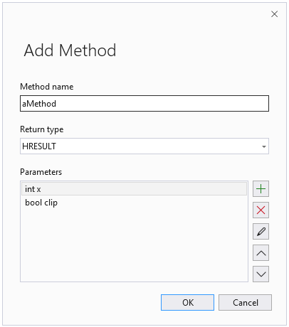 Screenshot: Assistent zum Hinzufügen von Methoden. Methodenname ist „aMethod“; Rückgabetyp ist HRESULT; zwei Parameter sind definiert: „int&nbsp;x“, „bool clip“