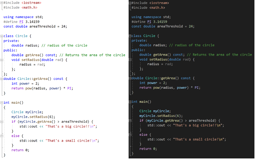 Screenshot des erweiterten Farbschemas mit schwarzem Hintergrund und Farben für C++-Schlüsselwörter, z. B. Blau für „int“ und Grün für Kommentare