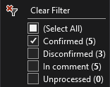 Screenshot der Filteroptionen „Bestätigt“, „Nicht bestätigt“, „In Kommentar“ und „Nicht verarbeitet“ mit jeweils vielen Ergebnissen für diese Kategorien