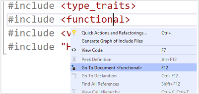 Screenshot der C++-Option „Zu Dokument wechseln“ im Kontext einiger include-Anweisungen