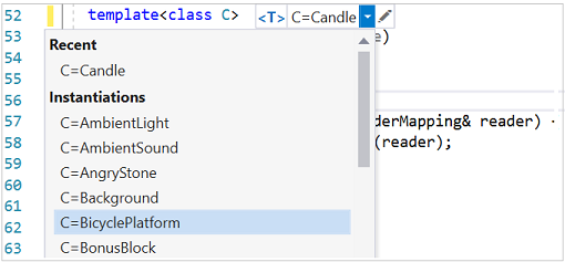 Screenshot der Vorlage „IntelliSense-Ergebnisse“ mit einer Liste der verschiedenen Typen, die zum Instanziieren des Vorlagenparameters C verwendet werden, wie C = AmbientLight, C = Candle und andere.