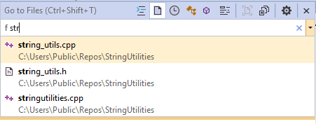 Screenshot der Ergebnisse von „Zu Dateien wechseln“. Aufgrund der Benutzereingabe „f str“ werden string_utils.cpp und string_utils.h angezeigt, da beide „str“ im Namen enthalten.