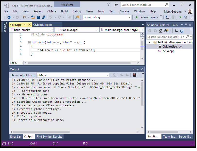 Screenshot von Visual Studio mit der Ausgabe nach dem Generieren eines CMake-Caches unter Linux