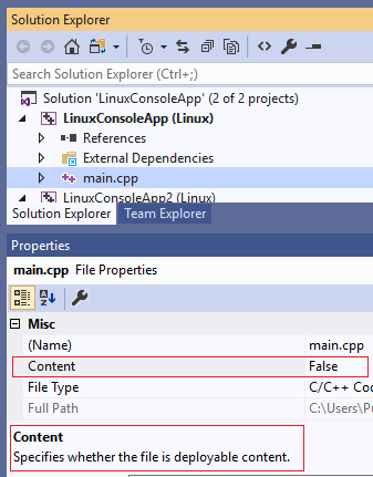 Screenshot mit den Eigenschaften der Datei „main.cpp“. Die Eigenschaft „content = False“ ist hervorgehoben.