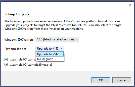 Screenshot of the Upgrade a project dialog.