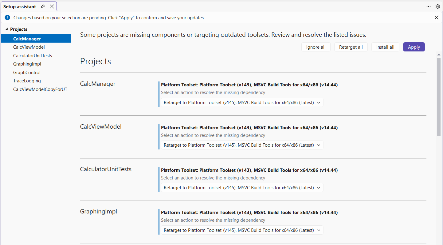 Screenshot des Visual Studio 2026-Setup-Assistenten mit einer Liste der Projekte, die für die Umstellung auf die neuesten MSVC Build Tools und das v145 Platform Toolset ausgewählt sind.