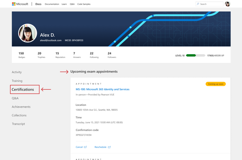 Microsoft Learn web page showing left menu with Certifications highlighted and Upcoming exam appointments highlighted.