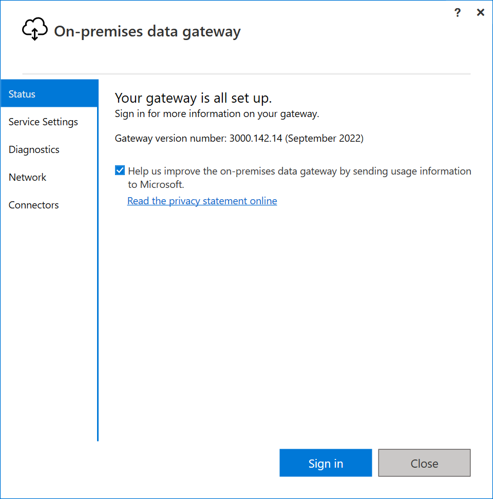 On-premises data gateway opening dialog box.