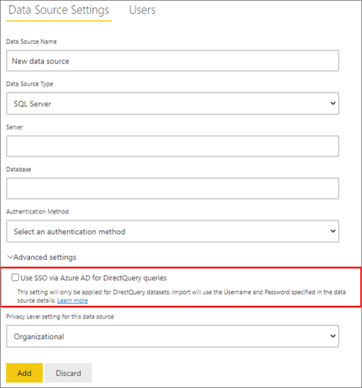Screenshot der Seite „Datenquelleneinstellungen“ mit hervorgehobener Option „SSO über Microsoft Entra ID für DirectQuery-Abfragen verwenden“