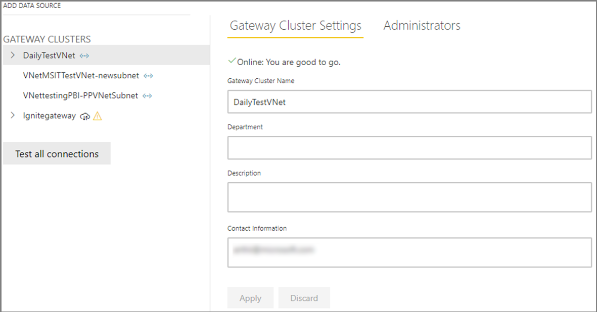 Screenshot der Seite „Gatewayclustereinstellungen“, auf der ein VNet-Datengateway ausgewählt ist und die Daten des Gateways angezeigt werden