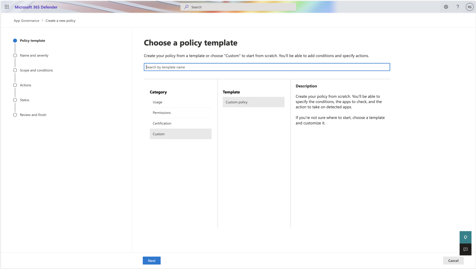 Screenshot: Option zum Erstellen einer benutzerdefinierten Richtlinie