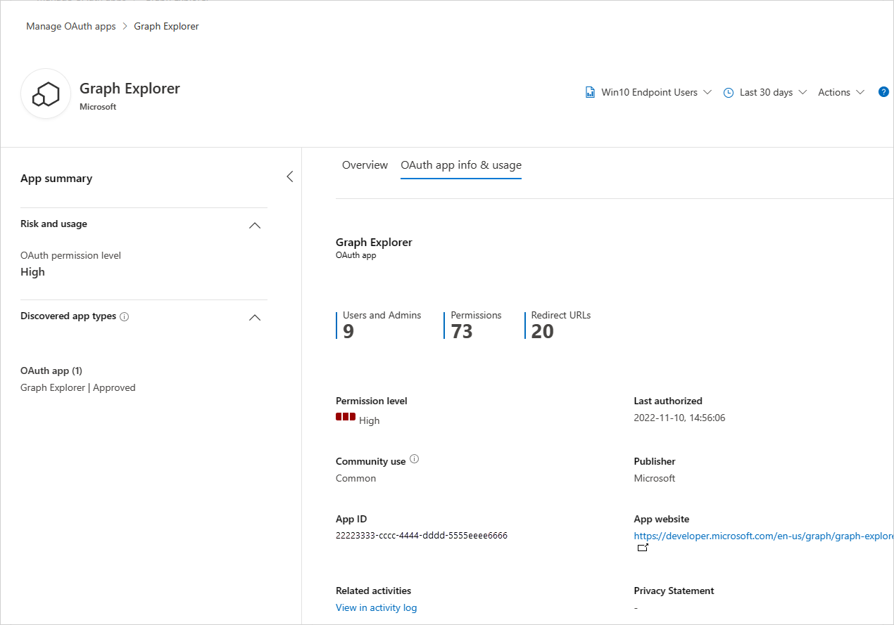 Informationen und Nutzung der OAuth-App auf der Apps-Seite.