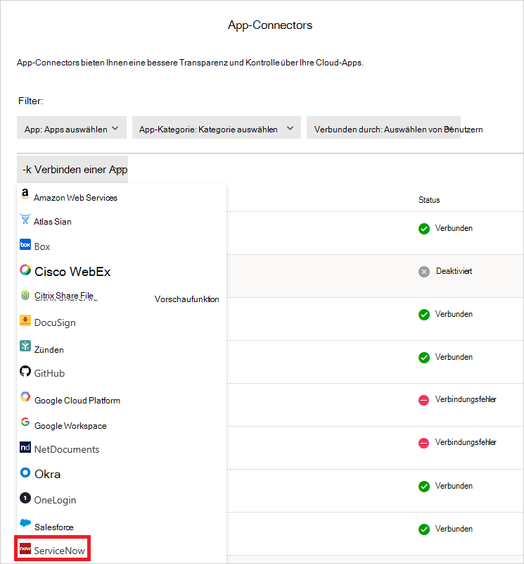 Screenshot, der zeigt, wo sie den ServiceNow-Connector im Defender-Portal finden.