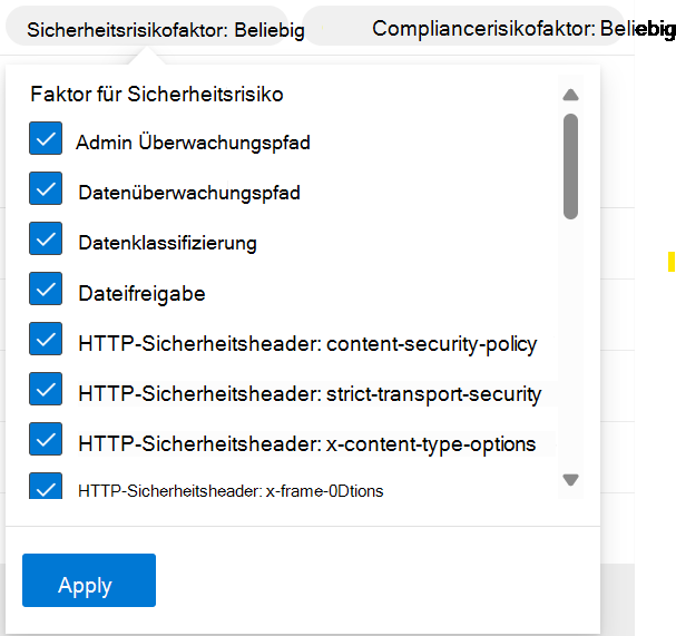 Screenshot: Filter des Sicherheitsrisikofaktors