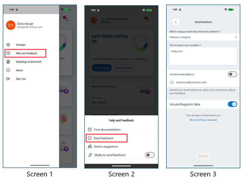 Screenshots zum Senden von Feedback und Protokollen aus dem Menü 
