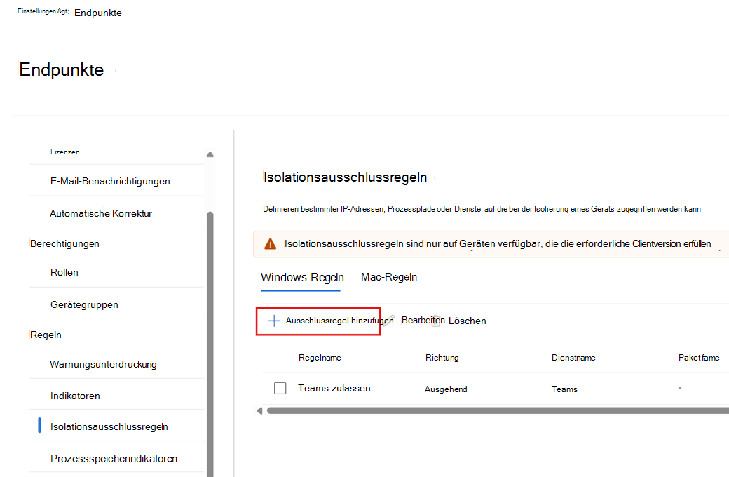 Screenshot: Hinzufügen einer neuen Isolationsausschlussregel