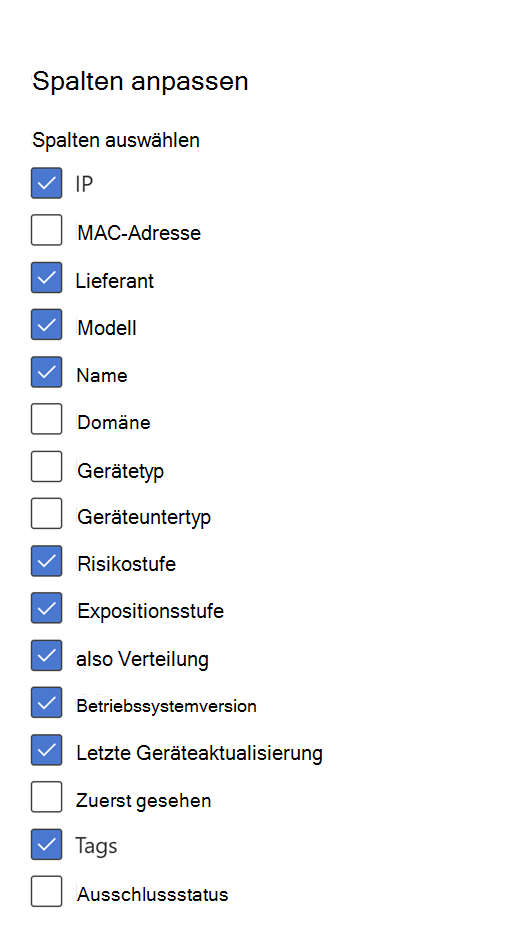 Abbildung der Spalten für Netzwerkgeräte