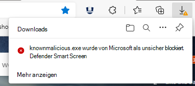 Screenshot, der zeigt, wie SmartScreen einen Dateidownload mit einem unsicheren Ruf erkennt; der Download wird blockiert.