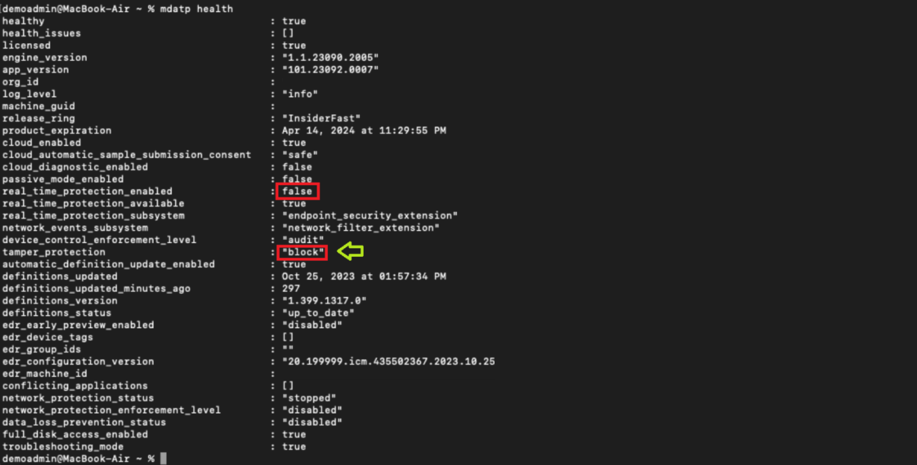 Screenshot mit dem Screenshot des Ausgabeberichts der ausgeführten mdatp-Integrität.