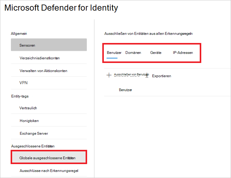Screenshot, der die global ausgeschlossenen Entitäten zeigt.