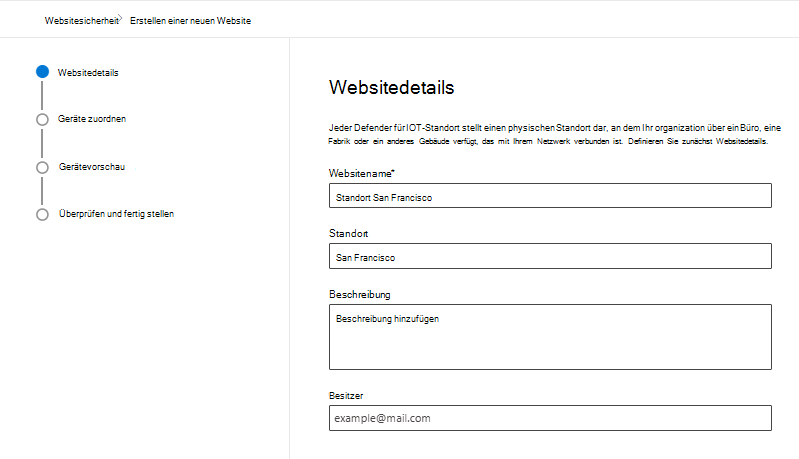 Screenshot: Details zum Erstellen einer neuen Website auf der Seite Websitesicherheit von Microsoft Defender für IoT im Microsoft Defender-Portal.