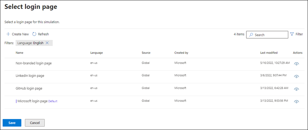 Das Flyout Anmeldeseite auswählen auf der Registerkarte Anmeldeseite in Nutzlastdetails in Angriffssimulationstraining im Microsoft Defender-Portal.