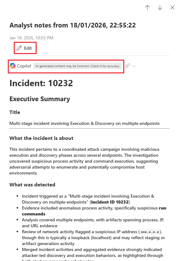 Screenshot der generierten Analystennotizen auf der Seite 