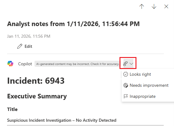 Screenshot: Feedbackoption für die generierten Analystennotizen im Microsoft Defender-Portal