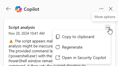Screenshot, der die Option „Weitere Aktionen“ in der Copilot-Skriptanalyse-Karte zeigt.